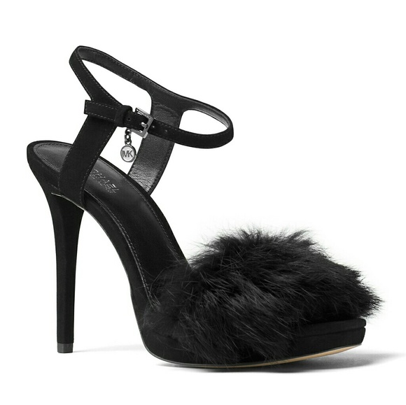 New! MICHAEL KORS Rabbit Fur Black Heels Open-toe - Picture 2 of 4